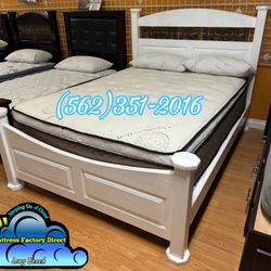 Queen White Bed Frame Wooden With Mattress Colchon Nuevo New