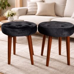 2 pack Penelope Round Tufted Foot Rest Stool, Compact Upholstered Ottoman, Extra Seating for Modern Home, Small Space Design, black. 14 inch width. 16
