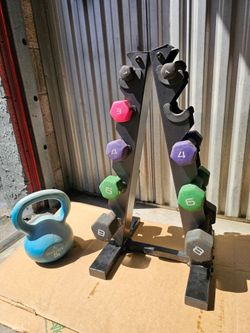 Dumbbell Set with A-Frame Rack. Zip 33130. Delivery fee

Neoprene dumbbell set including 1, 3, 4, 6, and 8 lb pairs on a black steel A-frame storage r