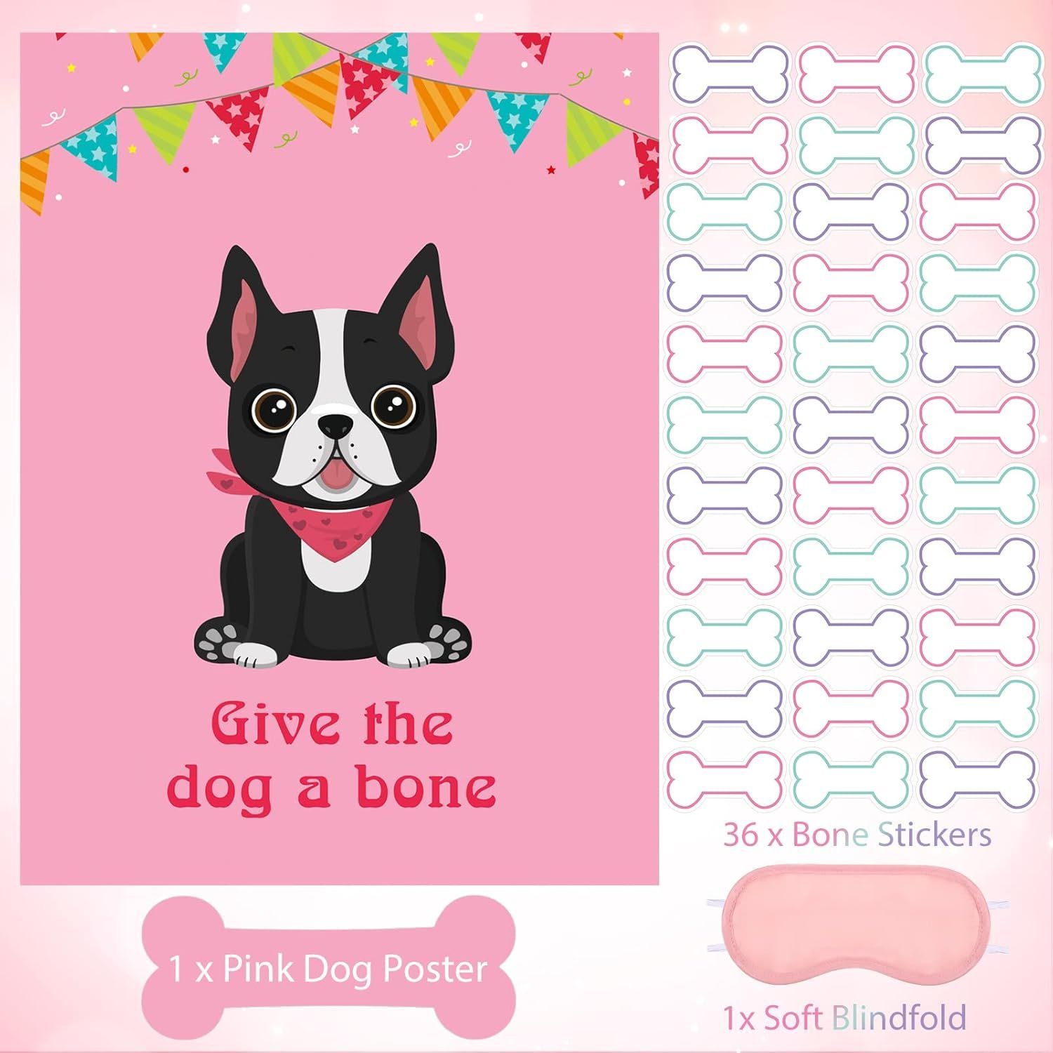 38-Piece Pin the Bone on the Dog Party Game – Kids’ Dog Birthday Game with Blindfolds & Stickers