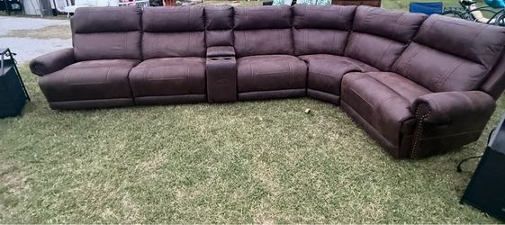 Large Reclining Sectional Couch – Distressed Brown Faux Leather / Microfiber