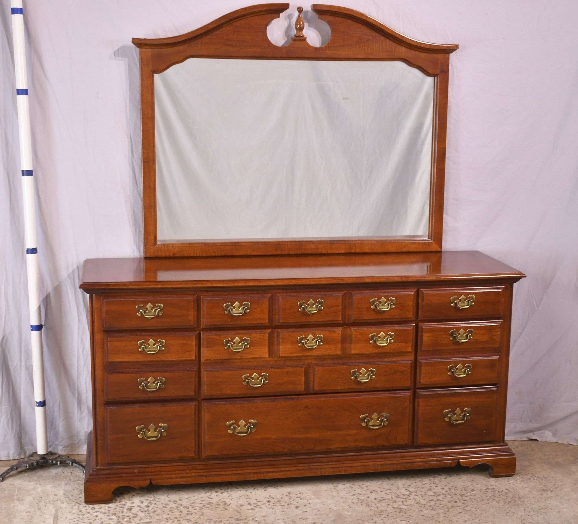 Vintage American Drew 9 drawer solid cherry wood dresser with brass hardware includes Mirrior