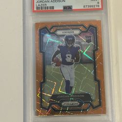 Jordan Addison RC 2023 NFL Prizm Orange Lazer PSA 9 Vikings Rookie Card MINT!