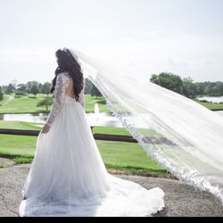 wedding dress, long veil and skirt