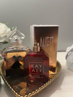 Guerlain, alien goddess , Versace happy heart kayali cherry