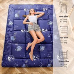 New In Box - Queen Size Navy Space Futon Mattress, Padded Japanese Floor Bed Mattress Topper, Extra Thick Folding Breathable Floor Bed