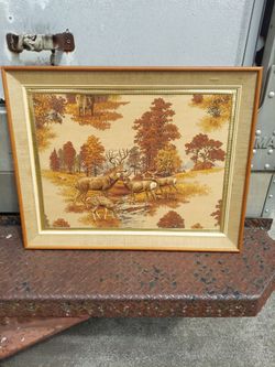 Vintage 1970s raised fabric deer picture
