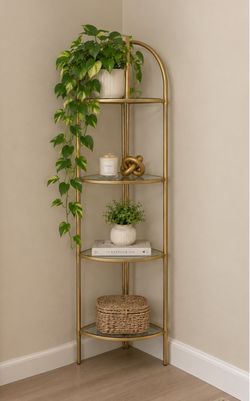 New Gold Metal 4-Tier Corner Shelf with Glass Shelves