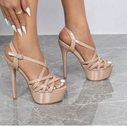 Elegant Nude Strappy Platform Heels Nude Color