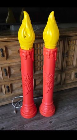 2 - vintage Red Poinsettia Blow Mold Candle Candlestick set Empire Plastics 1969 - 38” tall - see pictures
