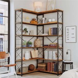 Office 6-Shelf Corner Bookcase, Vintage Industrial T-3