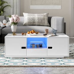 Lumina Modern High Gloss Rectangle Coffee Table with Storage and LED Lights White