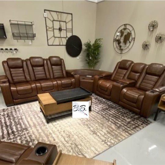 Real Leather Brown Power Reclining Sectional Couch With Adjustable Headrest| Brand New Living Room| Sofa| Loveseat| Edge| Black, Gray, White Color Opt