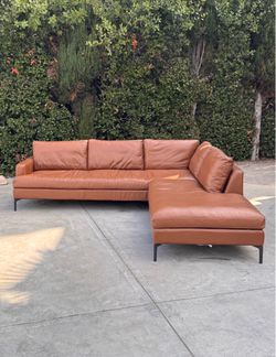 EQ3 Mid Century Modern 100% Brown Leather L-Shape Sectional Sofa Couch