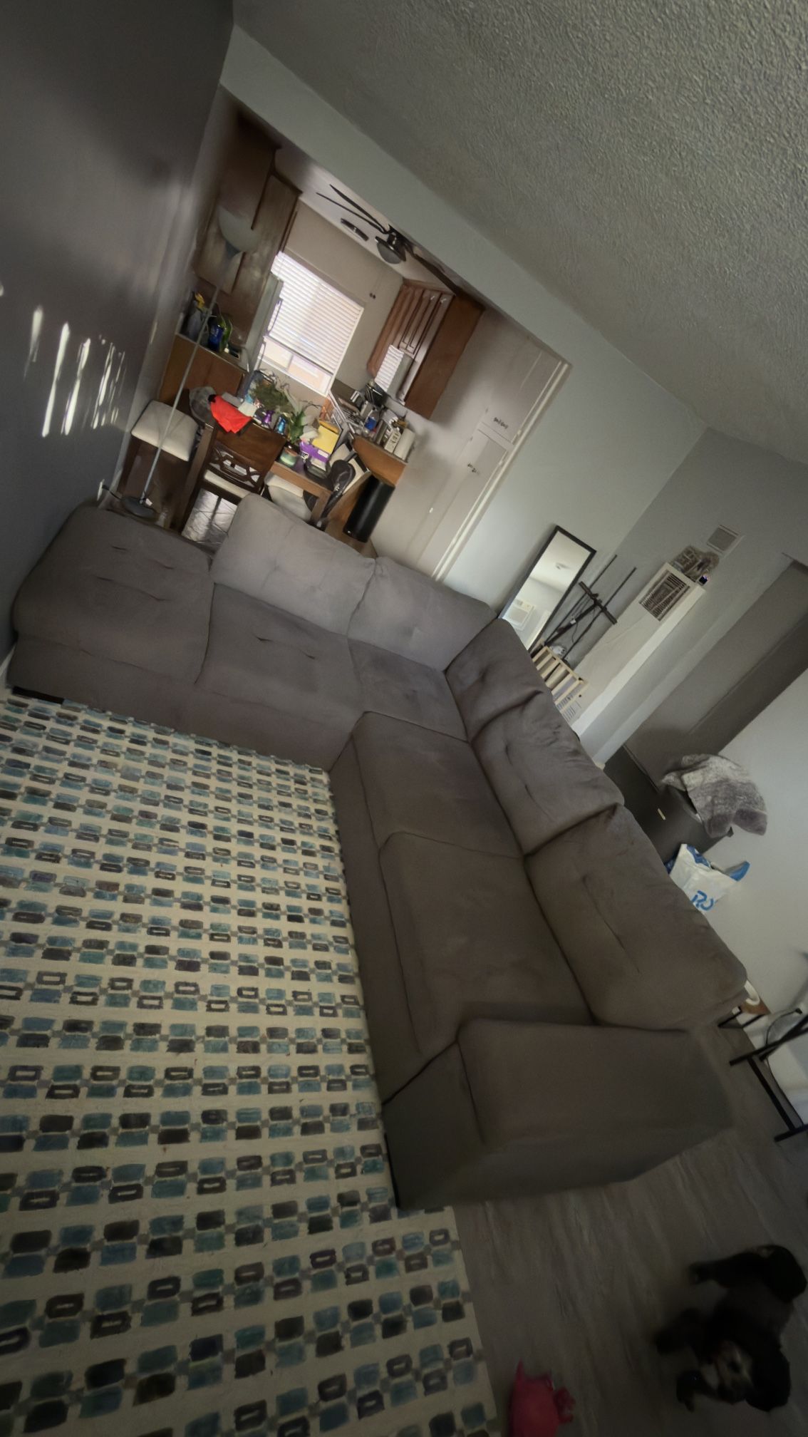 Flinn Grey Fabric 103" 2 Piece Convertible Futon Sleeper L-Shaped Sectional with Right Arm Facing Storage Chaise