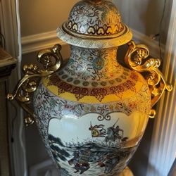 30” Japanese Satsuma Hand Painted Porcelain Temple Jar Urn Lidded