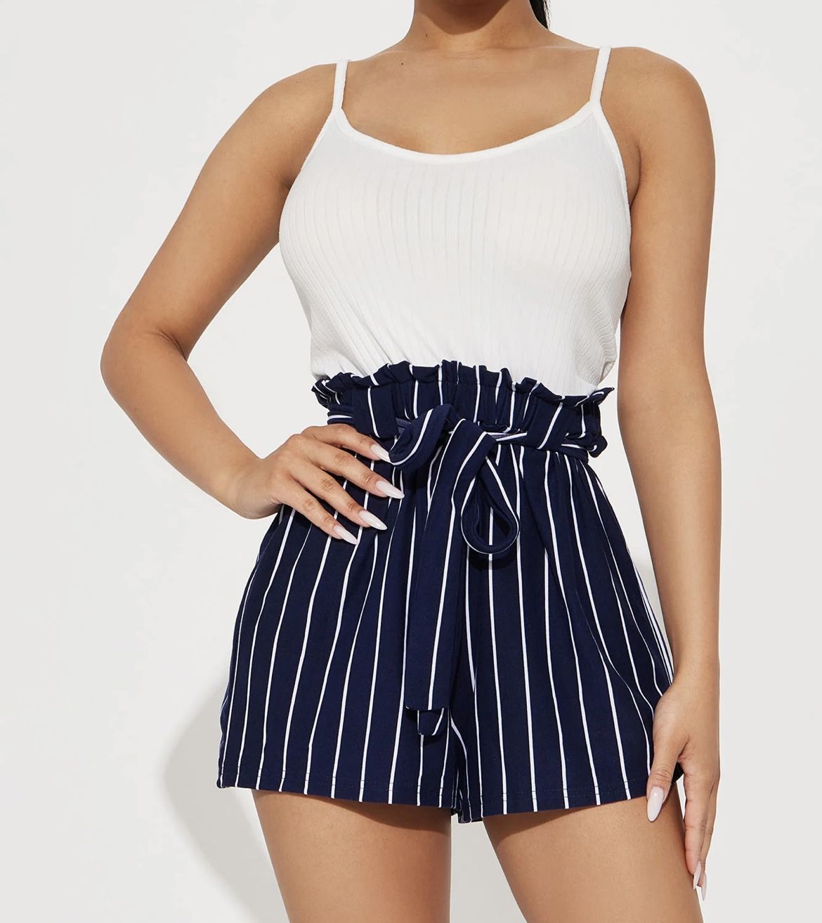 Brand New Womens Blue And White Spaghetti Strap Romper Size XL