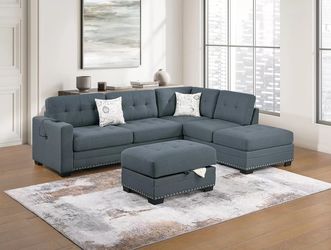 Brand New 105" x 82" Gray Linen Reversible Sectional + Storage Ottoman And USB Ports