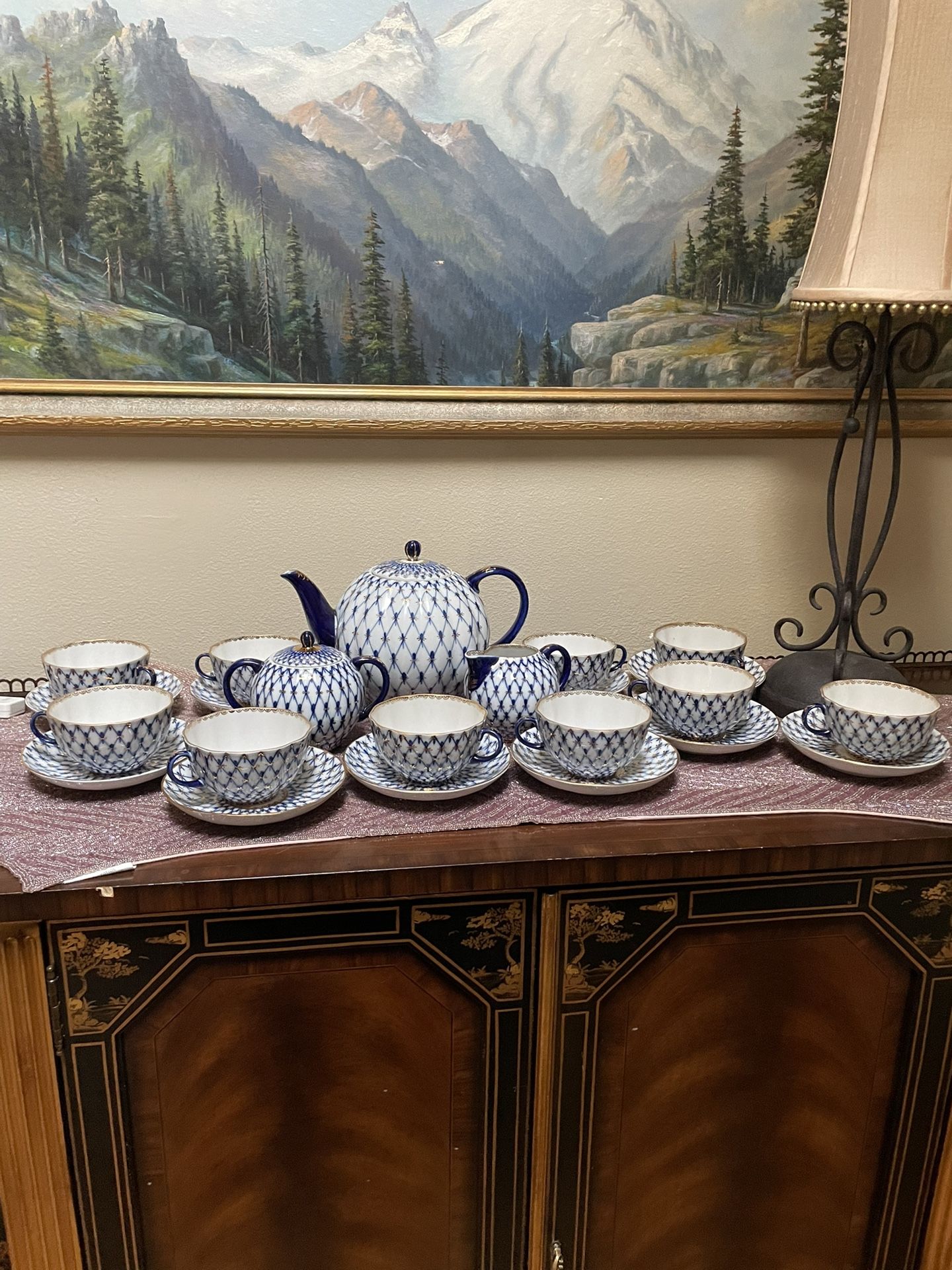 Lomonosov Imperial Porcelain Tea Set Service Tulip Cobalt Net