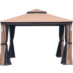 10x12 Gazebo Canopy Soft Top Outdoor Gazebo Tent 2-Tier Curtain Double Roof Vented Gazebo with Mesh, LED Lights, and Bluetooth Speakers