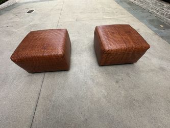 Pair of Vintage Mid-Century Modern Style Woven Leather Cube Ottomans – Cognac / Saddle Brown (Manhattan Beach) $650 OBO