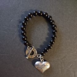 Vintage Tiffany & Co. 8" .925 Black Onyx Bead Toggle Bracelet w/ Puffy Heart Tag