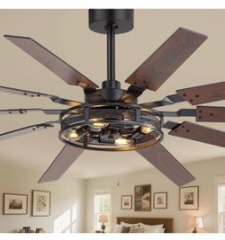 60 Inch Farmhouse Ceiling Fans with Rustic Lights, Caged Ceiling Fans with Remote, Industrial Ceiling Fan with Reversible DC Motor, Antique Flush Moun
