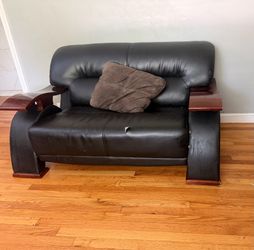 Leather wood armed couch