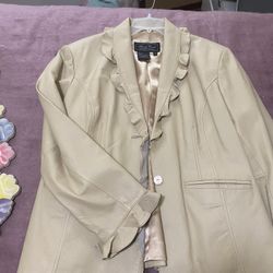 Terry Lewis Cream Leather Jacket With Leather Ruffling On Collar