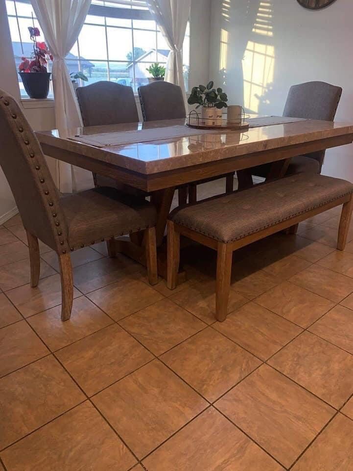 Vesper Brown Gray Marble Rectangular Dining Set