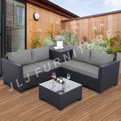 NEW🔥Outdoor Patio Furniture Set Black Wicker Grey  Cushions with Storage & Cover