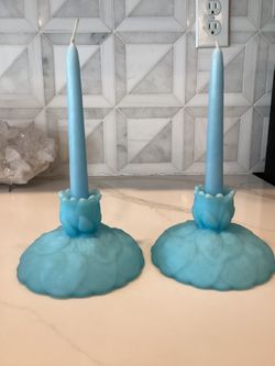 FENTON “Water Lily” pattern set of 2 candleholders PLUS 2 pair of matching candles ( 7” & 15”)