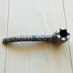 VINTAGE KHATAM PERSIAN MOSAIC ESTATE PIPE - GOLD METAL, BONE WOOD INLAY