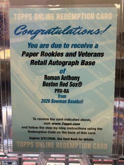 2026 Bowman baseball Unused redemption auto Roman Anthony RC Boston Red Sox