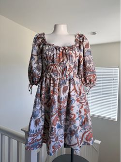House of Harlow 1960 Rust, Blue & Cream Paisley Puff-Sleeve Mini Dress