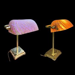 CVV Vianne Vintage French Banker's Lamp with Pink Art Glass Shade