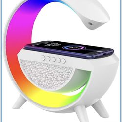 Table Lamp with Bluetooth Speaker, G Bedside Lamp with 15W Wireless Charger, Atmosphere Desk Lamp with Alarm Clock, RGB Bedside Nightstand Lamp, Hi-Fi
