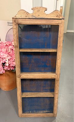 Rustic Glass Front Wall Display Cabinet – Distressed Wood & Blue – 37”
