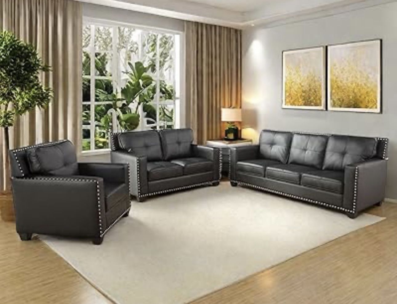 Black Leather Studded Three Piece Couch Set