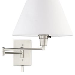 Kira Home Cambridge - Lámpara de pared con brazo oscilante de 15 pulgadas, montaje para enchufe/pared + pantalla de tela blanca, 150 W de 3 vías + cub