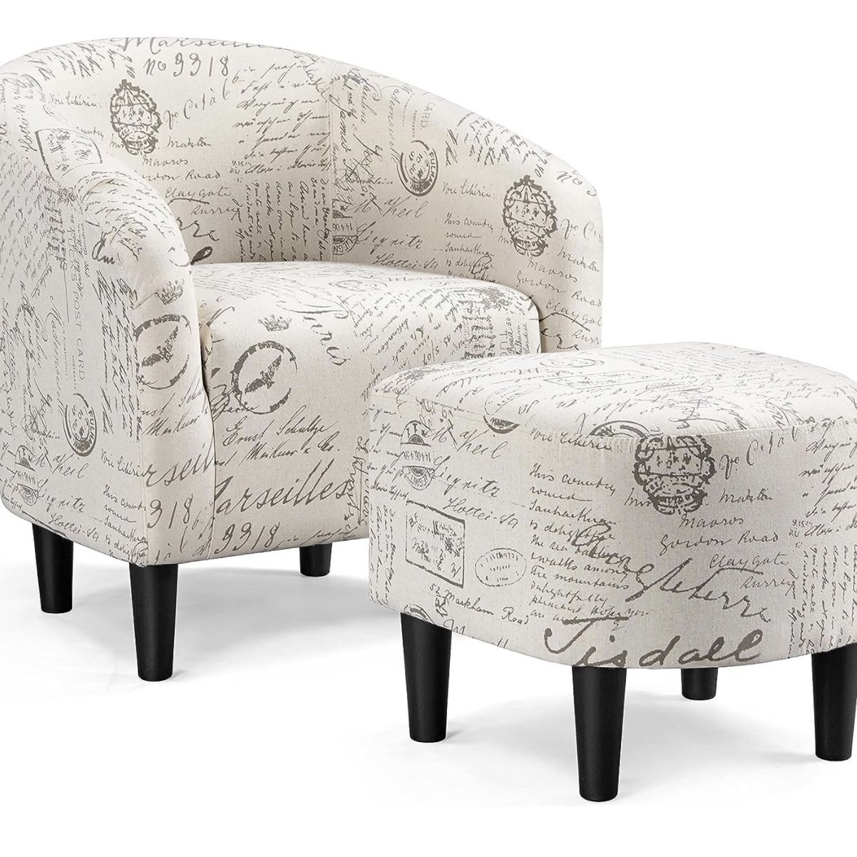 Living Room Club Chair with Ottoman Set, Modern Accent Arm Chair with Foot Rest, Upholstered Accent Chair for Living Room Bedroom, Letter Print 611071