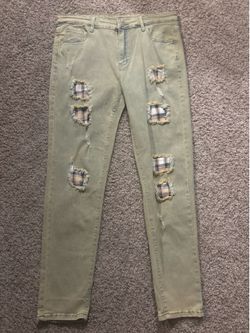 Brand New Distressed Plaid Patch Jeans – Men’s Size 36 – Olive Green Skinny Fit