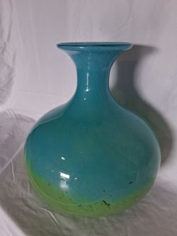Large  Hand Blown Art Glass Vase Blue Turquoise & Green.