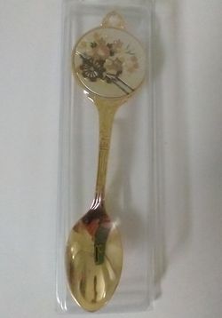 24k Gold Lined Chokin Japanese Vintage Spoon  W/Flower Cart