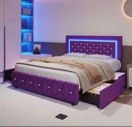 Queen Bed Frame With Drawers, Upholstered Bed Frame With LED Lights, Modern Platform Bed Frame With Headboard And Footboard, Diamond Tufted Design,  P