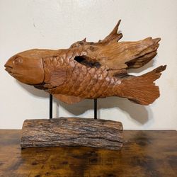 Hand-Carved Driftwood Fish Sculpture On Stand