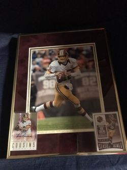 Framed Kirk Cousin Washington Redskin QB Photo w Autographed Rookie Card n Commemorative Card. Framed in Burgundy Suede n Vintage Gold Matting set i