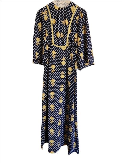 VINTAGE Riviera Robes Maxi Dress Blue With Yellow Roses "California Created" Zip-up Back and Elastic Waist