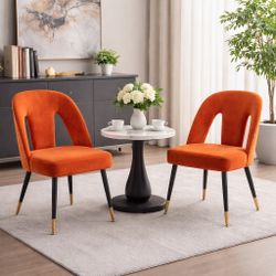Set Of 2 Modern Orange Velvet Upholstered Dining Chair with Nailheads and Metal Legs [NEW] **Assembly Req** 