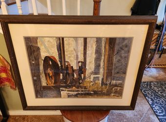 Original framed watercolor painting art by Texas Artist Ed Willmann industrial wheel machine sawmill